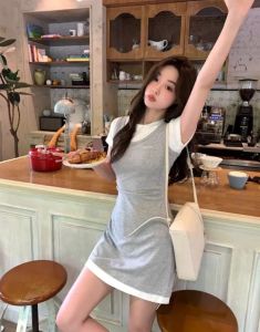 Casual party fake two-piece short-sleeved dress for women in summer with slim waist and hip-hugging short skirt