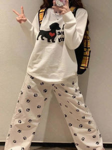 American Cartoon Dog Print Long Sleeve Loose Womens T-shirt White Autumn Lazy Style Top Fashionable Versatile Casual Sweatshirt