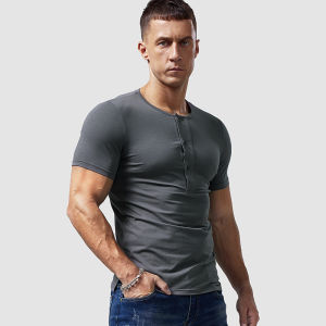 Retro Henry Collar Short-Sleeved T-shirt Men Close-Fitting and Slim-Fitting Summer Pure Cotton Bottoming Shirt Buckle T-shirt Trendy Henley Shirt