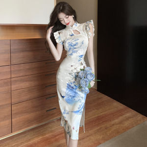 Váy Dài Vừa Phải Họa Tiết Hoa Cổ Điển Mới Cho Nữ Thanh Lịch Cạp Cao Gợi Cảm Váy Dài Tay Ngắn Mùa Hè