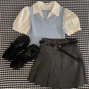 Stylish School Girl Summer Outfit Short Sleeve Shirt And Pleated Skirt Set Two Piece Fake Ensemble Cotton Material Thin Design