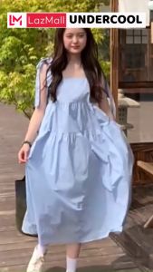 Đầm babydoll 2 dây buộc nơ UNDERCOOL váy maxi đi biển dáng rộng siêu xinh