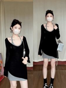 ฤดูใบไม้ร่วง 2024 ใหม่ สีดำ แขวน ปกเสื้อ สลิง เดรส สูง เอว ผ้าฝ้าย โพลีเอสเตอร์ ชุดสองชิ้นสไตล์ Hepburn ผู้หญิง แฟชั่น เดรส