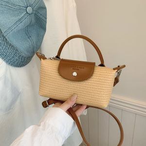Trendy Womens Basket Weave Shoulder Crossbody Bag Fashionable Dumpling Shape Straw Woven Bucket Bag City Casual Style PU Leather