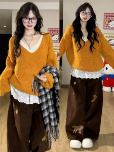 PEIZIXUAN | Stylish Orange Sweater Set