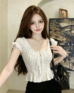 GUZILIAN | French Romantic Style Lace Off-Shoulder Ruffled Waist Bubble Sleeve Blouse
