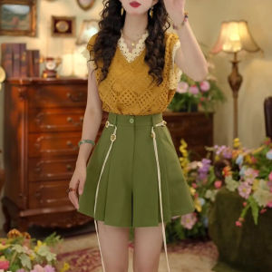 Shalldoer | Summer Chic V-neck Hooked Floral Lace Hollow Out A-line Shorts Skirt Two-piece Set Womens Shirt Hollow Out Edge Design