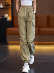 Khaki Pure Cotton Work Trousers Women Summer Straight Leg Sporty Loose Casual Wide Leg Pants High Waist Comfortable Fit