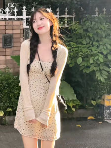 Korean Style Sweet Polka Dot Strap Short Skirt Thin Sun Protection Open Cardigan Top Womens Spring Summer New Two-Piece Set