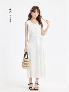 Elegant Sweet Korean Style White Vest Dress Summer Sleeveless Waist Cinched Polka Dot Belted Long A-Line Gown by XinmonLee