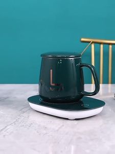 Taii 55°C Warming Cup Thermostatic Coaster Mug Heating Coaster Ceramic Cup with Stainless Steel Tea Spoon