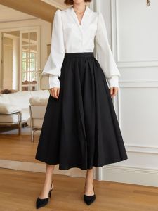 Black High Waist A-Line Skirt Commute Elegant Womens Midi Skirt Polyester Fabric Simple Style Office Work Skirt