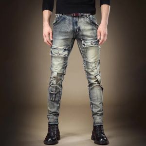 Retro American Heavy Duty Mens Jeans Workwear Denim Pants Tear Hole Washed Slim Fit Long Small Footed Trendy Casual Jeans