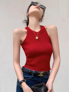 chaqi | Red Neck Hanging Strap Vest Womens Summer New Style French Inner Match Suit Sleeveless Short Knitted Base Top
