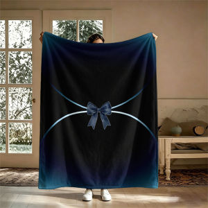 BILIBILI | Midnight Blue Bow Accent Flannel Blanket Perfect for Sofa Office Bed Travel Sleep Read Relax Camping Four Season Use