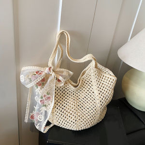 Solid Crochet Tote Handbag Summer Beach Bag Fashion Womens Mesh Woven Shoulder Bags Large Capacity Knitting Underarm Bag
