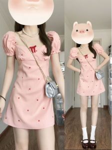 Chic Pink Bubble Sleeve Square Collar Dress Summer Waist Cinching Gentle Girl Short Skirt Elegant Sweet Style High Waist A-Line Dress Butterfly Knot Short Sleeve