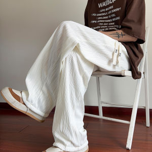 กางเกงลำลองชายผ้าไหมน้ำแข็งฤดูร้อนไซส์ใหญ่หลวมสบายๆ กางเกงขายาวเอวกลางสไตล์อเมริกันไฮสตรีท กางเกงขายาวขาบาน เทรนด์แฟชั่น