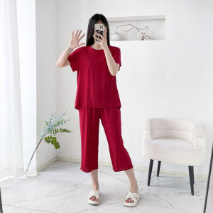 Summer New Loose Large Size Thin Pure Color Short Sleeve Seven Pants Artificial Cotton Sleepwear Set Womens Home Clothes