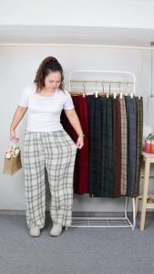 กางเกงสายสก๊อต กางเกงสาวอวบ เอวยางยืด มีเชือกผูก เนื้อผ้าไหมเทียม เนื้อผ้าไม่หนา pb9883#