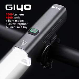 GIYO Đèn Pha Xe Đạp 1000 Lumens 4800mAh Kháng Nước Sạc USB. Có thể điều chỉnh ánh sáng mạnh.