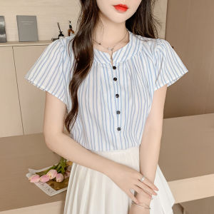 Áo Sơ Mi Nữ Tay Ngắn Họa Tiết Sọc in Họa Tiết Mùa Hè Phong Cách Hàn Quốc Thiết Kế Độc Đáo Đa Năng Áo Sơ Mi Cổ Tròn Dáng Rộng