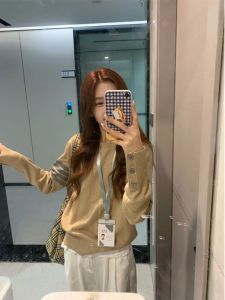 Super Nice Khaki Stripes Knitwear Female Spring & Fall Loose and Lazy Style Soft Glutinous Gentle Casual All-Matching Tops