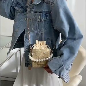 Tas Kotak Pearl /Tas Selempang Wanita Bahan Anyam Jerami Import/Slingbag Fashion Wanita Model Korea/Tas Slingbag Casual Wanita/Tas Pesta Wanita Bahan Anyaman BAO026