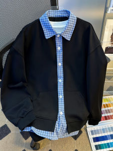 แจ็คเก็ต College Style American Retro Patchwork Plaid Sweatshirt Jacket แจ็คเก็ตผู้ชาย แจ็คเก็ตผู้หญิง แจ็คเก็ตฤดูใบไม้ร่วง แจ็คเก็ตสตรีท แจ็คเก็ตสีพื้น