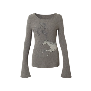 เสื้อยืดผู้หญิงทรงสลิมฟิตสไตล์อเมริกัน แขนยาว ลายการ์ตูนนุ่ม สไตล์ย้อนยุค Y2K เสื้อชั้นในฤดูใบไม้ผลิและฤดูใบไม้ร่วง