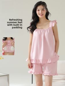 Miiow | Pure Cotton Summer Sleepwear Womens Strap Home Clothes Set Breathable Anti-Light Chest Pad Short Pants Comfortable Nightgown