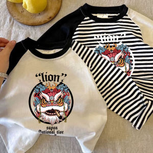 Chinese Style Lion Dance Letter Print Long Sleeves T-shirt Boys and Girls Stylish Fashion All-Match Cotton Base Shirt Trendy