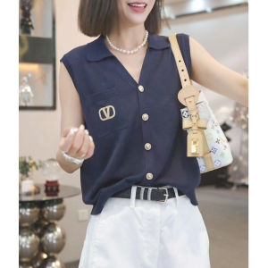 Shalldoer | Elegant Knitted Sleeveless Vest Womens Fashion V-neck Single Button Summer Top High Quality Commute Style Regular Fit Thin Material