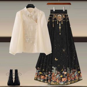 New Chinese Style Womens Fashion Two-Piece Set Slimming Hanfu Top And Ma Face Skirt Long Sleeve Button up Polyester Autumn Wear