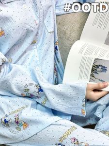 Korean Style Long Sleeve Cloud Cotton Sleepwear Set for Women Spring Autumn Cartoon Print Loose Fit Home Clothes Set