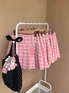 Pink Plaid Pleated High Waist Mini Skirt Womens Spring Summer Dope Girl Dopamine Sweet Teenage School Uniform Style Short Skirt