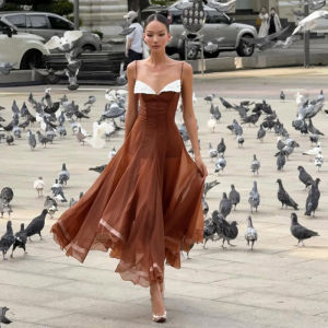 French Style Light Maturity Contrast Irregular Strap Dress