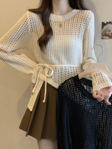Womens Long Sleeve Knit Shirt for Spring Summer Thin Section Loose Type Work Clothing with Gouhua Cut Out Patchwork and Thread Details