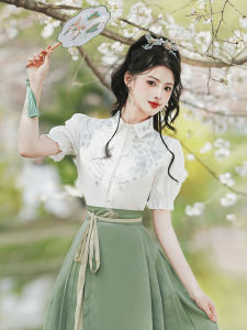 Summer Improvement Han Dynasty New Chinese Style National Style Han Elements Embroider Shirt Short Sleeve with Green Embroidery Embroider Horse-Face Skirt Suit