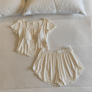 Simple Modern Womens Sleepwear Short Sleeve Modal Cotton Thin Home Clothes Set with Chest Pad Spring Summer Two-Piece Set