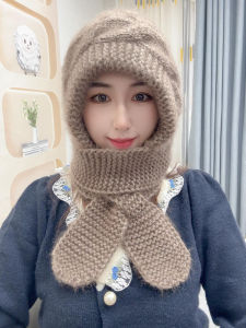 Thickened Knitted Squirrel Fur Winter Hat Scarf Set Womens One-size-Fits-All Warm Cozy Integrated Plaid Design Snowproof