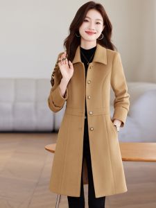 Elegant Woolen Cashmere Womens Coat Professional Fitting Medium Length Spring Autumn New Style Korean Version Long Sleeve