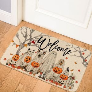 VIKAMA Happy Halloween Doormat Ghost and Pumpkin Print Floor Mat Non-Slip Fall Porch Rug for Entryway and Patio Decor