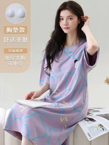 Womens Nightdress with Chest Pad Summer Pure Cotton Long below the Knee Pajamas Summer Plus Size Plus Size Ladies Homewear Dress
