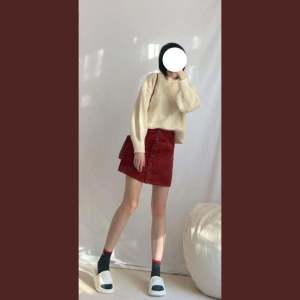 Foreign Order Sweet Birth Year Red Corduroy Skirt Autumn and Winter Simplicity Easiest for Match Single-Breasted A- line High Waist Skirt