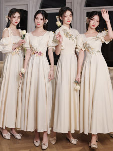 ชุดราตรีสีชมพูทองใหม่สไตล์จีน เดรสผู้หญิง ชุดการแสดง ชุดวิทยาลัย ชุดเจ้าสาว ชุดกระโปรงยาวปานกลาง แขนยาว สีสันสดใส