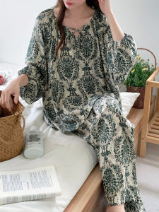 New 2025 Womens Cotton Silk Sleepwear Loose Fit Thin Summer Home Clothes Nine Points Pants V Neck Print Casual Comfortable