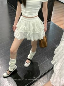 Ballet Style White Lace Cake Skirt Early Spring Butterfly Knot Puffy Half Skirt Anti-Light A-Line Short Skirt Korean Version High Waist