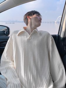 Loose Long Sleeve Collared T-Shirt Mens Casual Inner Wear Polo Shirt Spring Autumn Wheat Ear Pattern Design Comfortable Fit