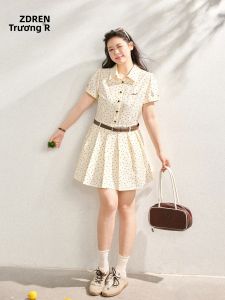 ZHANGDAREN | Đầm Ngắn Nếp Pleated Beige Chấm Bi Cổ Sơ Mi Dáng Rộng Phong Cách Retro